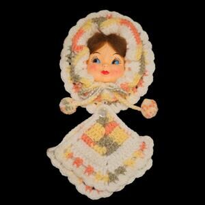 Vintage Orange & Yellow Granny Square Crochet Pot Holder Doll Set – 3 Pc Kitchen